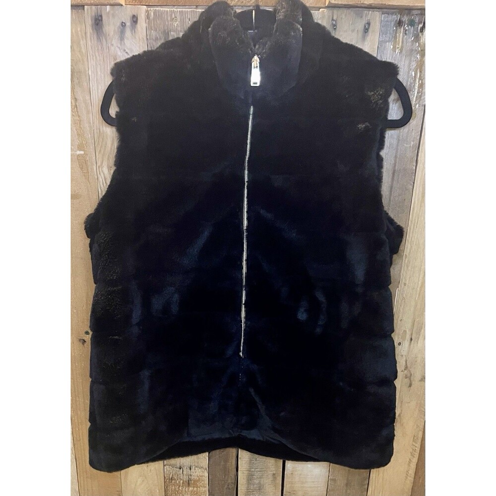 CROWN and IVY Black Vest Womens Med Faux Fur Sleeveless Gold Zip Front Pockets